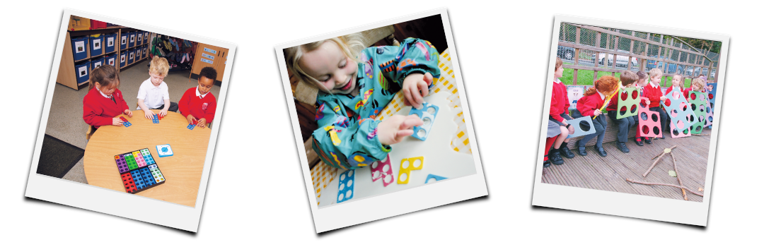 children playing with numicon resources in classroom and outdoors